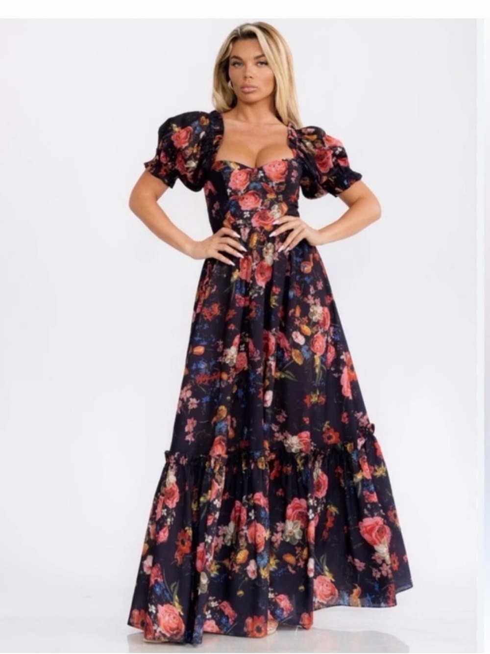 Luxxel Black Floral Puff-Sleeve Maxi Dress with Rose Print